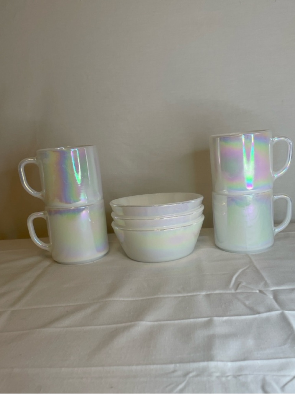 Vintage FEDERAL GLASS “Moon Glow” Iridescent Mug and Bowl Set